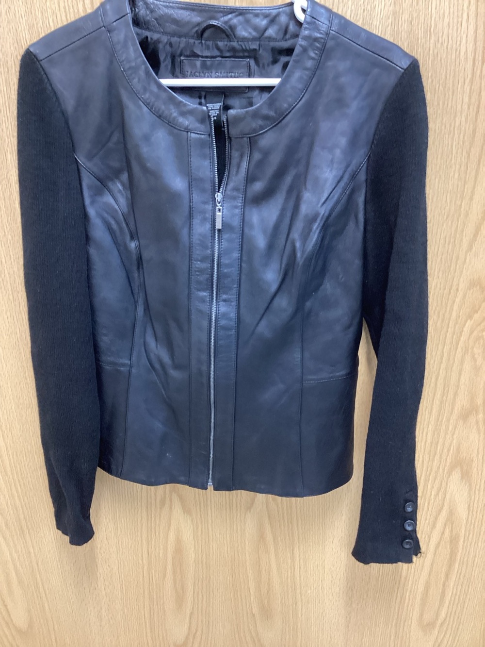 Black Leather Jacket with Knit Sleeves and back
